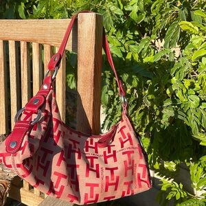 Tommy Hilfiger Women Mini Bag Wristlet Purse Red Leather/Canvas Bag Mini Purse